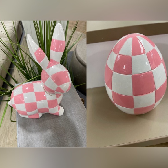 Easter Bunny & Egg Pink and White Checkered Tabletop Decor NWT HTF - Picture 1 of 7